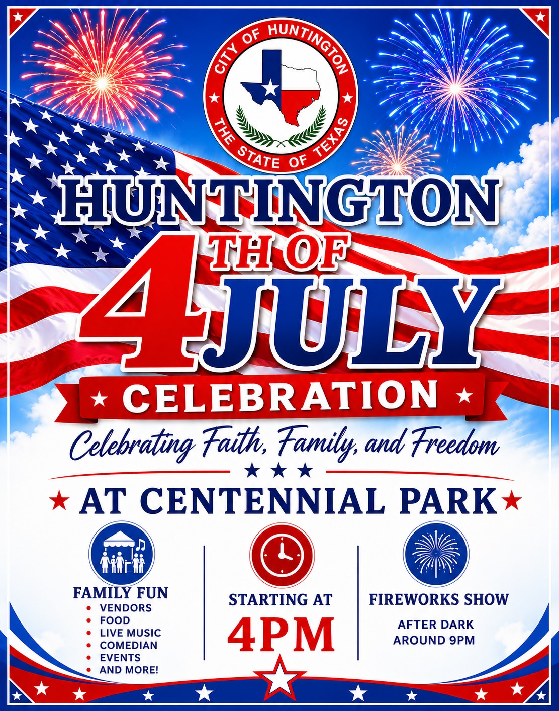 4th of July Flyer - Sponsor Twila Bertrand, Realtor, CENTURY 21 Cota Realty - Huntington Tx