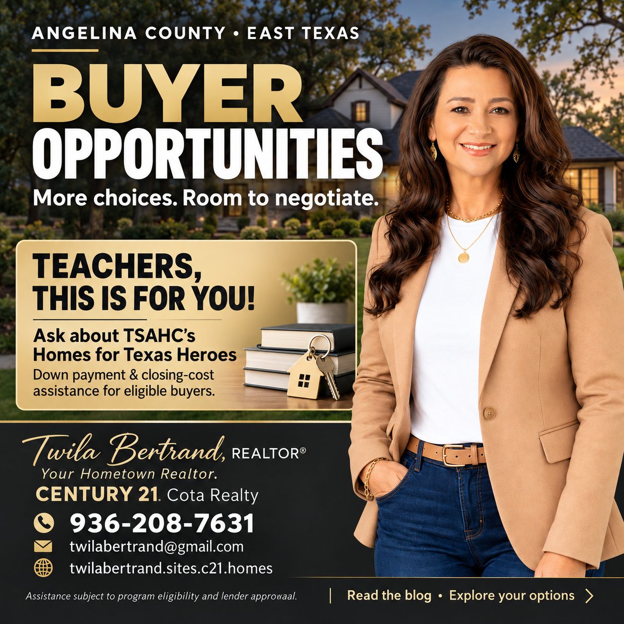Twila Bertrand, REALTOR® with CENTURY 21 Cota Realty, highlights homebuying opportunities in Angelina County, Texas, and TSAHC Homes for Texas Heroes assistance for eligible teachers.