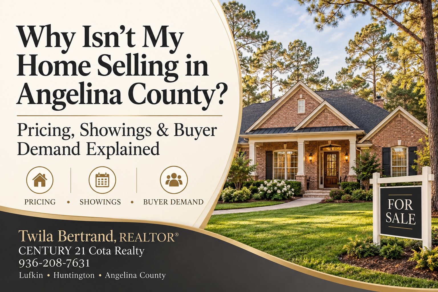 Why isn’t my home selling in Angelina County? Pricing, showings, and buyer demand explained by Twila Bertrand, REALTOR® with CENTURY 21 Cota Realty.